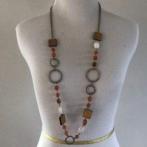 Long mixed metal/beaded/wood necklace